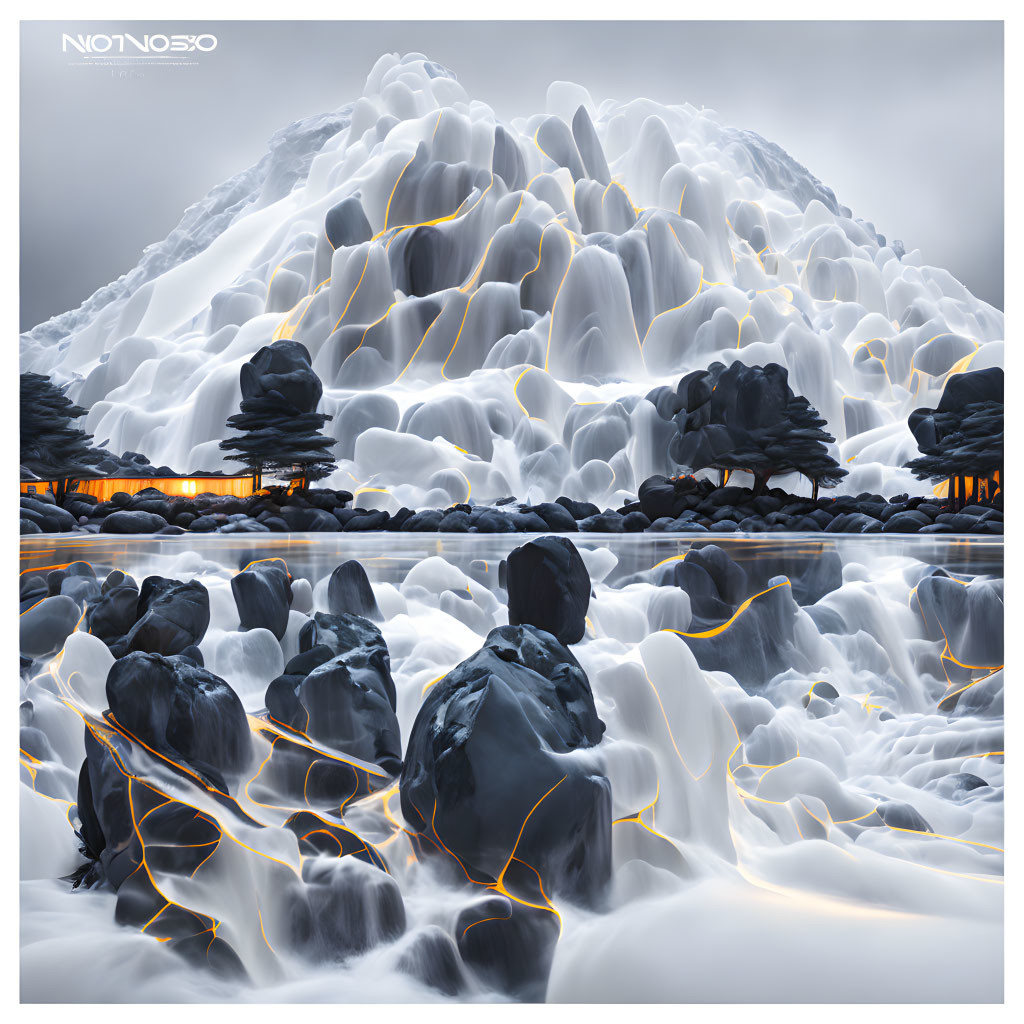 Surreal landscape with glowing lava-veined ice mountain