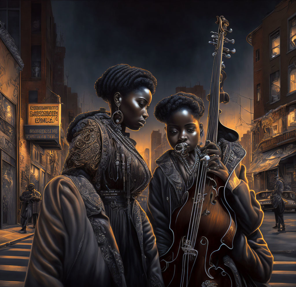 Two women with intricate hairstyles in dimly lit street with a cello.