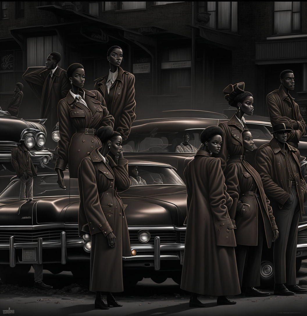 Monochrome vintage fashion illustration with classic cars on city street