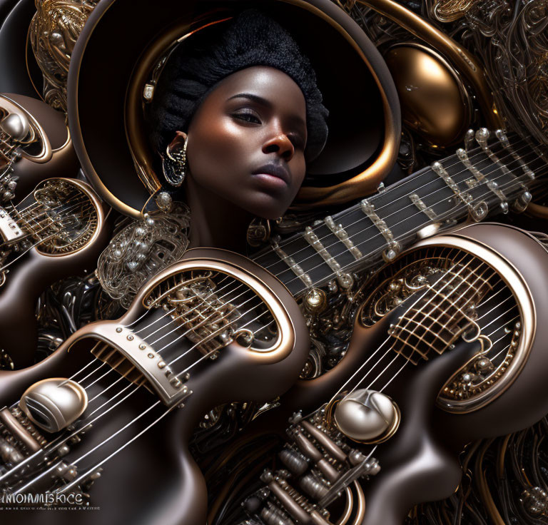 Woman surrounded by gold musical instruments and guitars in serene expression