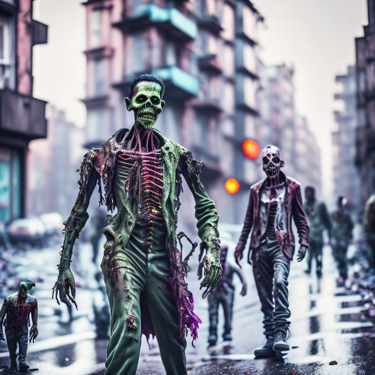 Decayed zombies with exposed bones in dystopian city street