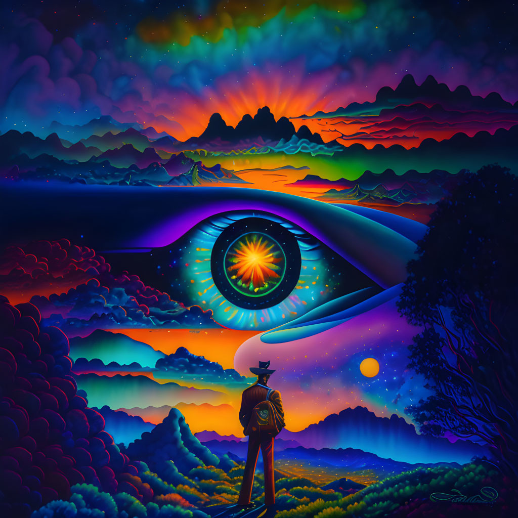 Surreal landscape with mountains, eye-shaped celestial body, and colorful clouds