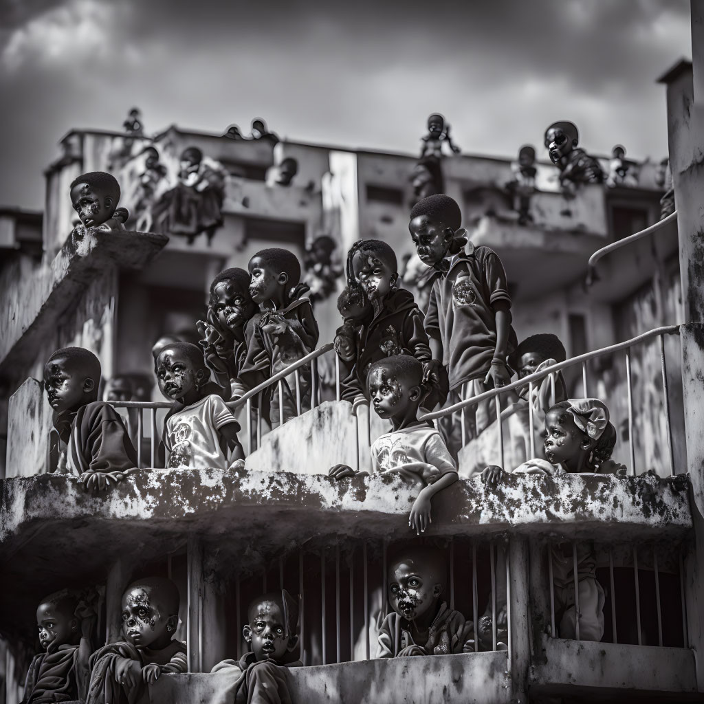 Monochrome photo: Children on balconies of aged building