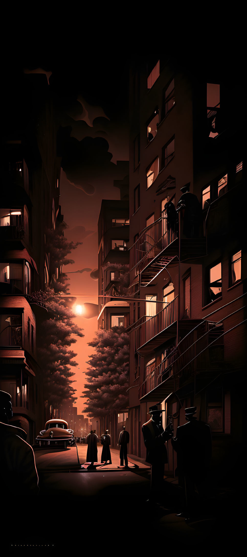 Noir-style artwork of shadowy city street at night