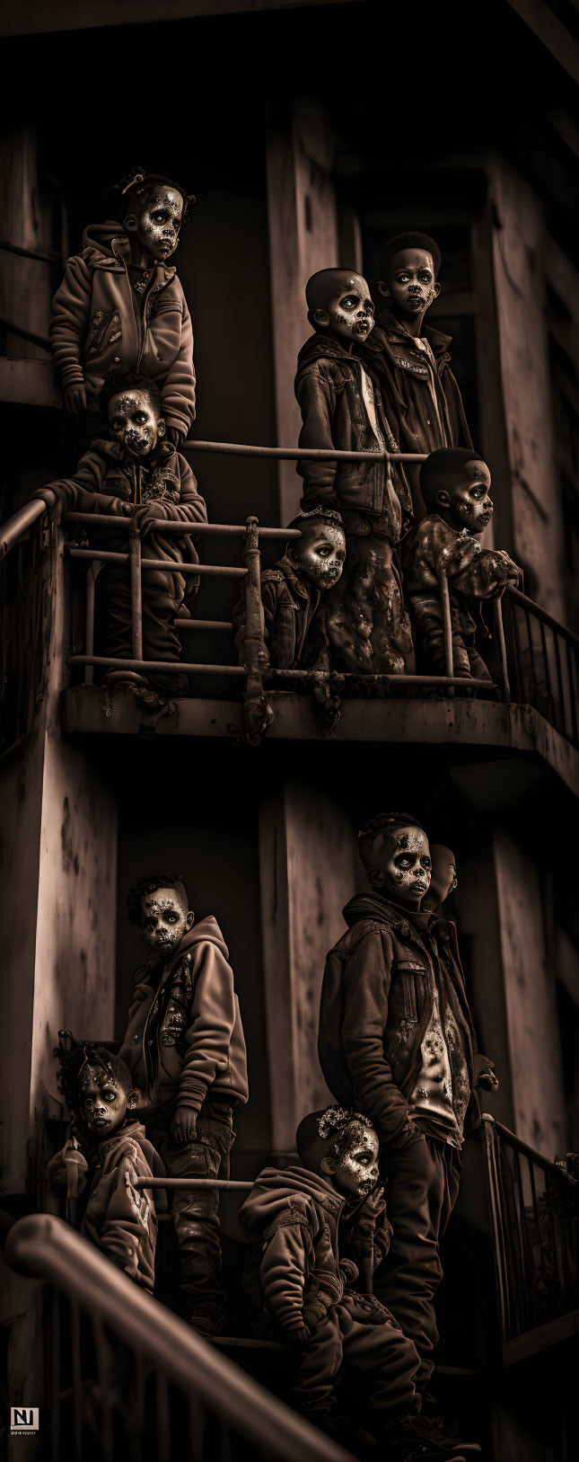 Group of people in skull masks pose on outdoor staircase