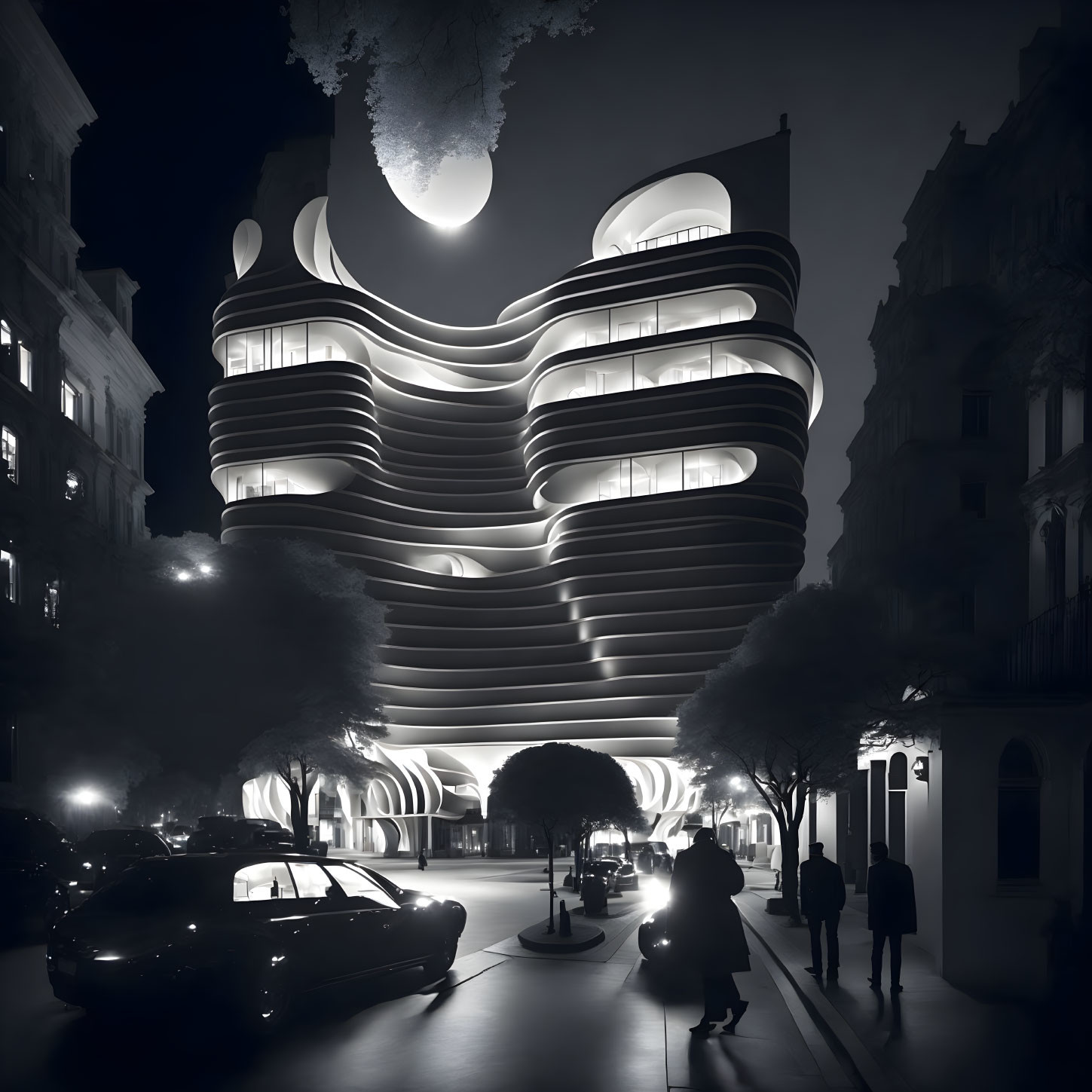 Futuristic building with curved, illuminated balconies in city night scene