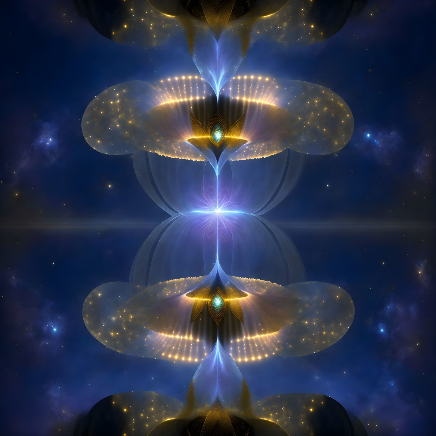 Symmetrical Abstract Digital Art: Glowing Patterns, Central Bright Light, Starry Space Backdrop