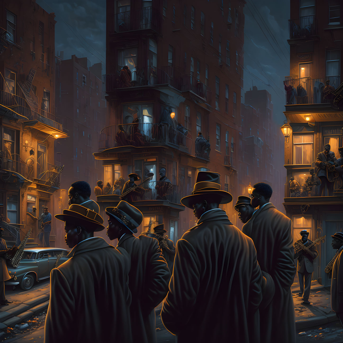 Urban Night Scene with Stylish Figures in Fedoras