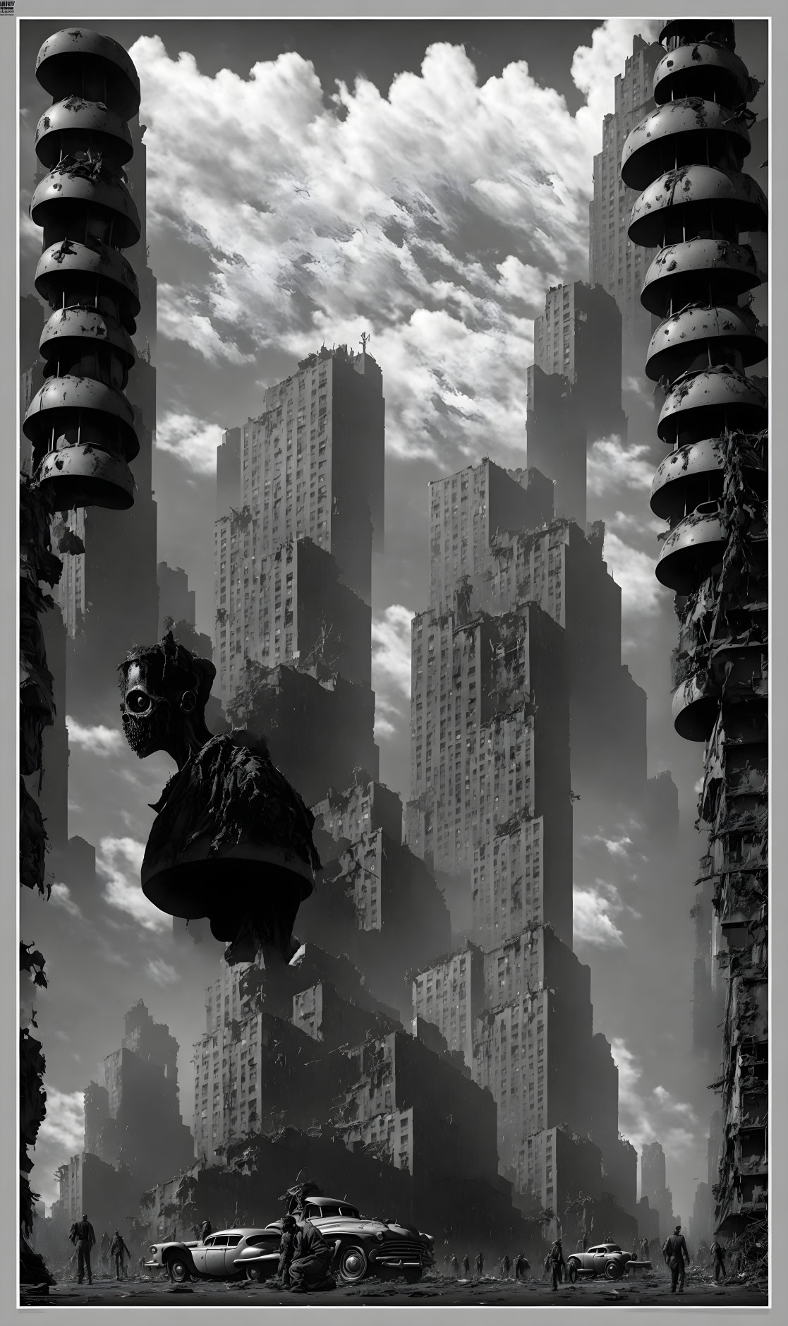 Monochrome futuristic cityscape with towering buildings and giant astronaut statue