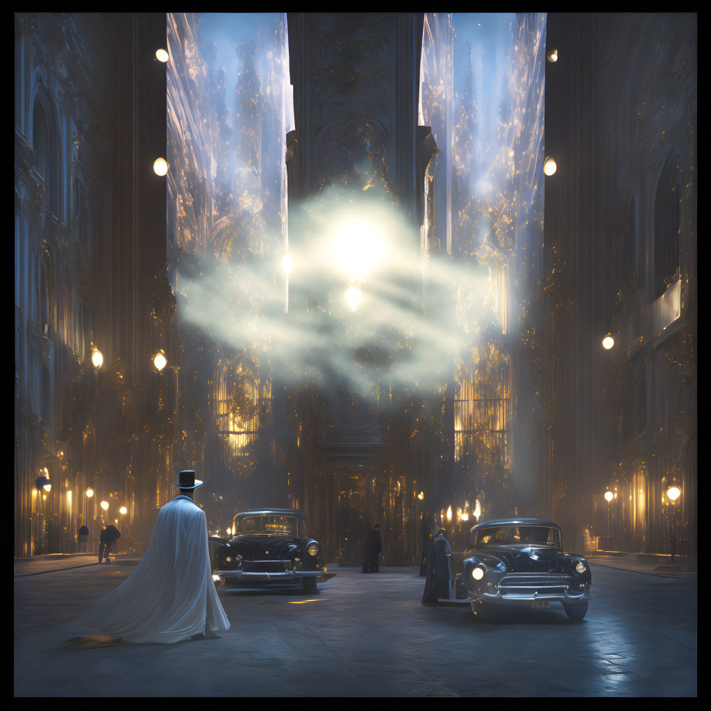 Gothic cathedral interior with vintage cars and silhouetted figures