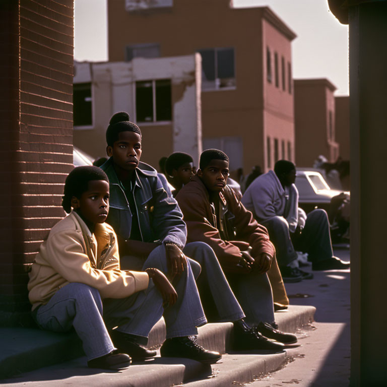 Four young men sitting on urban street curb with brick buildings backdrop.