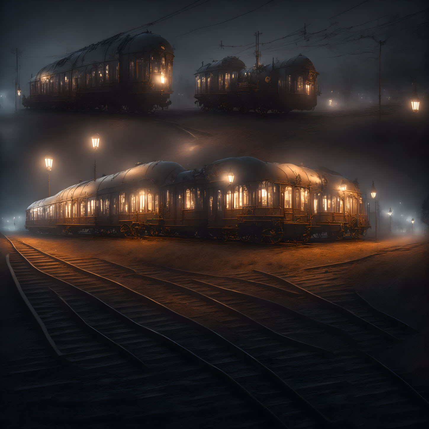 Vintage trains on foggy tracks illuminated by warm lights at night