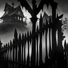 Gothic mansion on a misty hill with eerie atmosphere