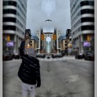 Monochrome futuristic cityscape with towering buildings and giant astronaut statue