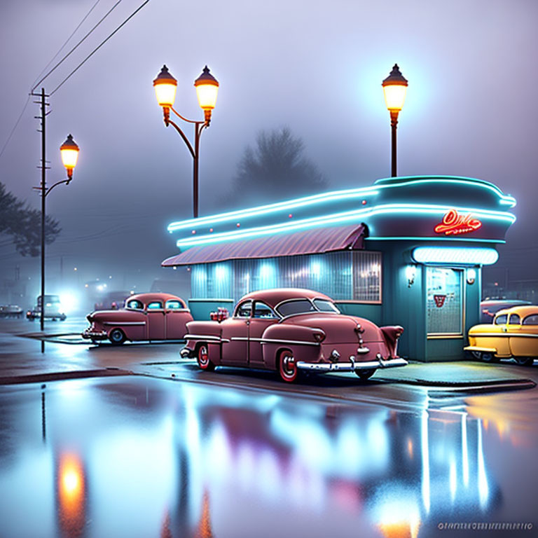 Vintage cars parked at retro diner with neon lights