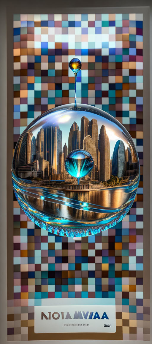 Reflective spherical art piece with inverted cityscape on colorful background and text "NOIAVMVAA