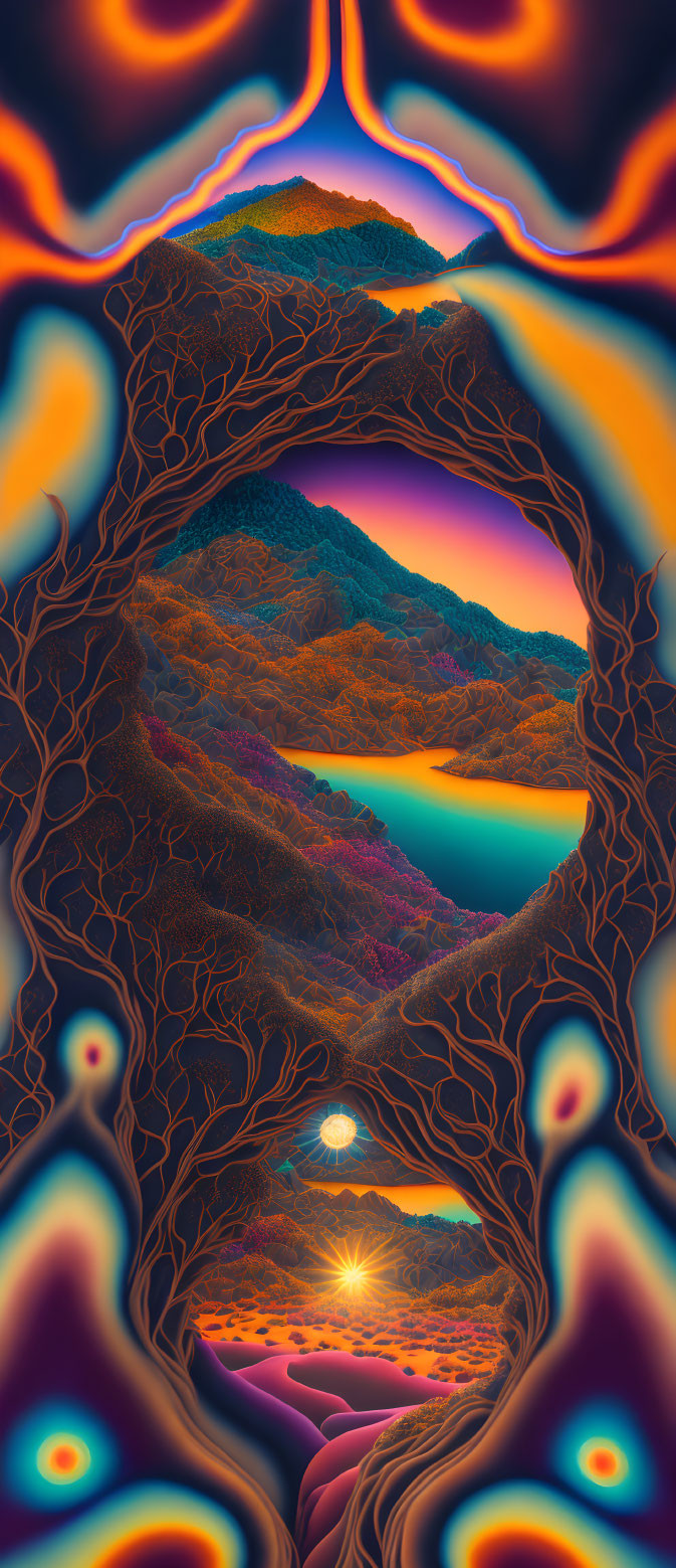 Vibrant psychedelic landscape with mountains, trees, river, and surreal organic portal.