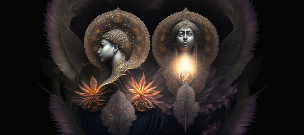 Symmetrical ornate figures with glowing elements and elaborate headdresses on dark background.