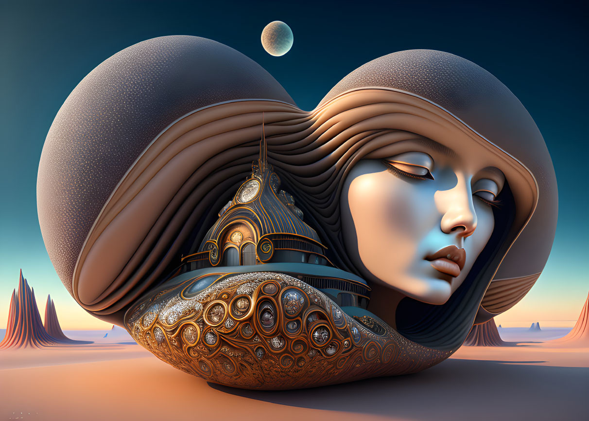 Surreal digital artwork of stylized female face merging with landscape