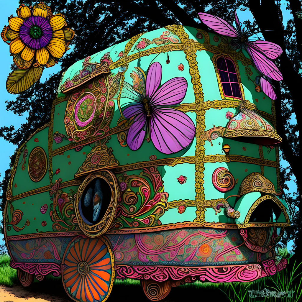 Colorful Bohemian Caravan with Intricate Patterns and Nature Background