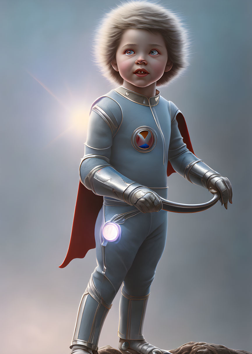 Young astronaut in red cape and silver suit under sunlight with glowing emblem