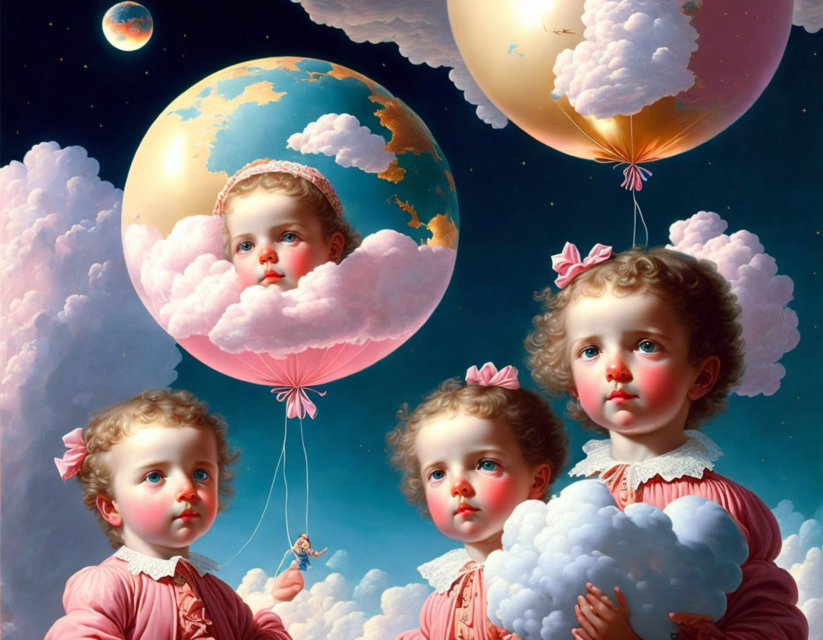 Surreal artwork: cherubic children on clouds with planet balloons in starry sky