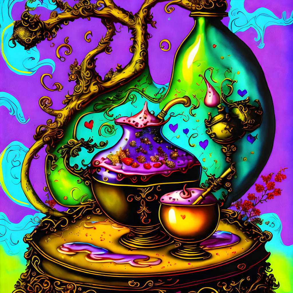 Colorful surreal illustration: twisted tree, heart leaves, golden teapot pouring into cup, pink-t