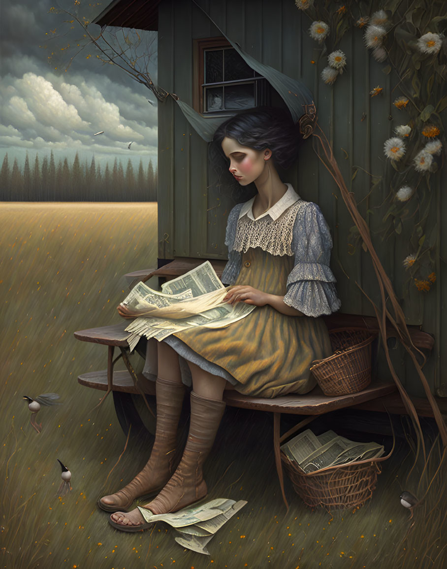 Vintage-dressed woman reads newspaper by rustic hut in nature with birds and dandelions under moody