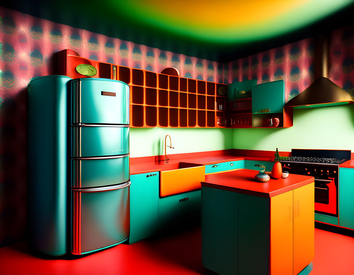 Colorful Retro Kitchen with Turquoise Fridge and Psychedelic Wallpaper