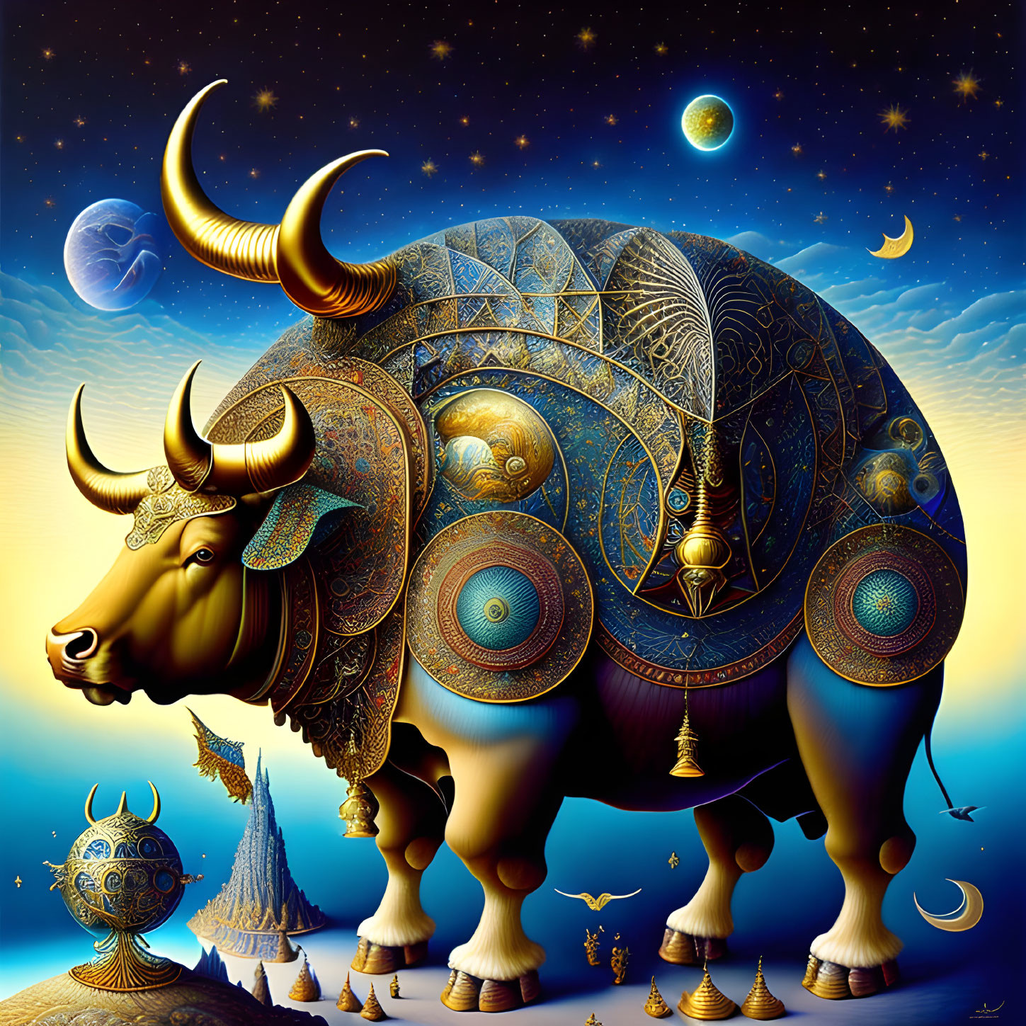 Surreal image: decorated bull with golden horns in celestial night sky