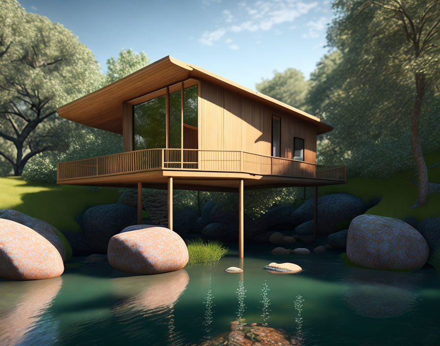 Stilted wooden house over river with rocks and greenery