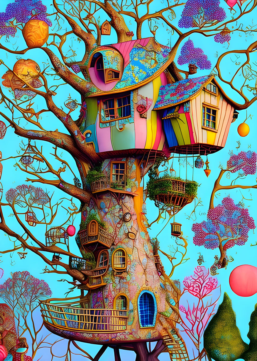 Colorful Treehouse with Twisted Branches & Whimsical Rooms