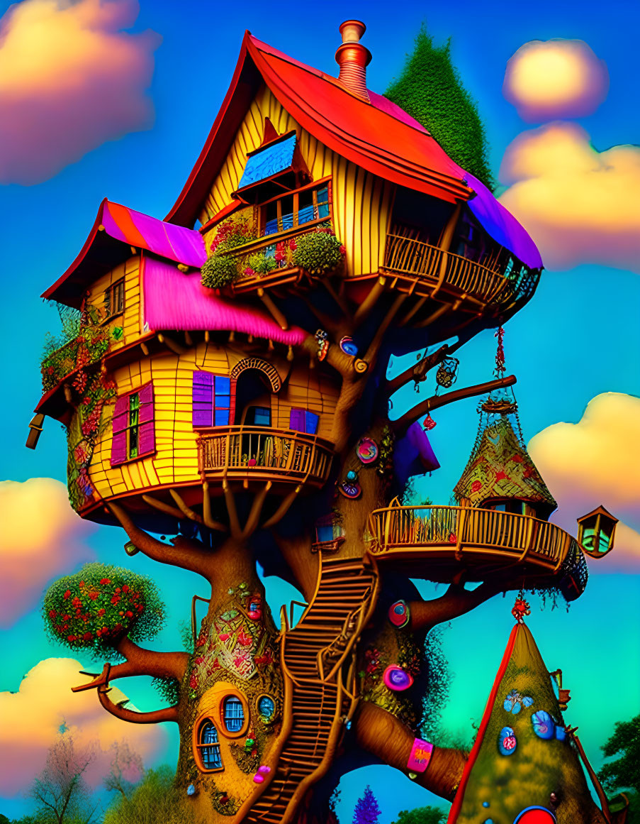 Colorful Treehouse Village Under Blue Sky with Pink Clouds