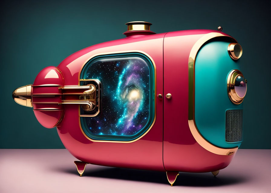 Retro-futuristic pink and gold submarine with swirling galaxy window on teal background