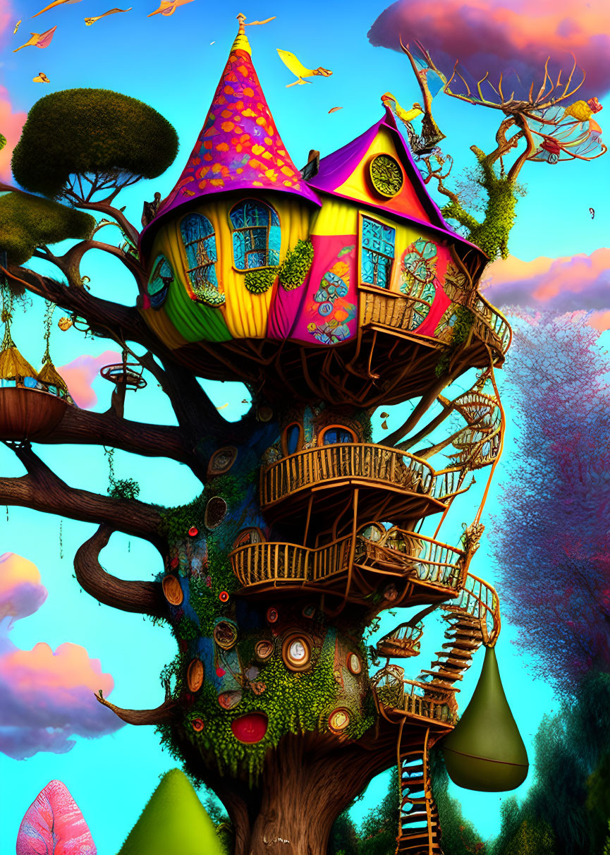 Colorful whimsical treehouse with purple roof and wooden balconies at sunset