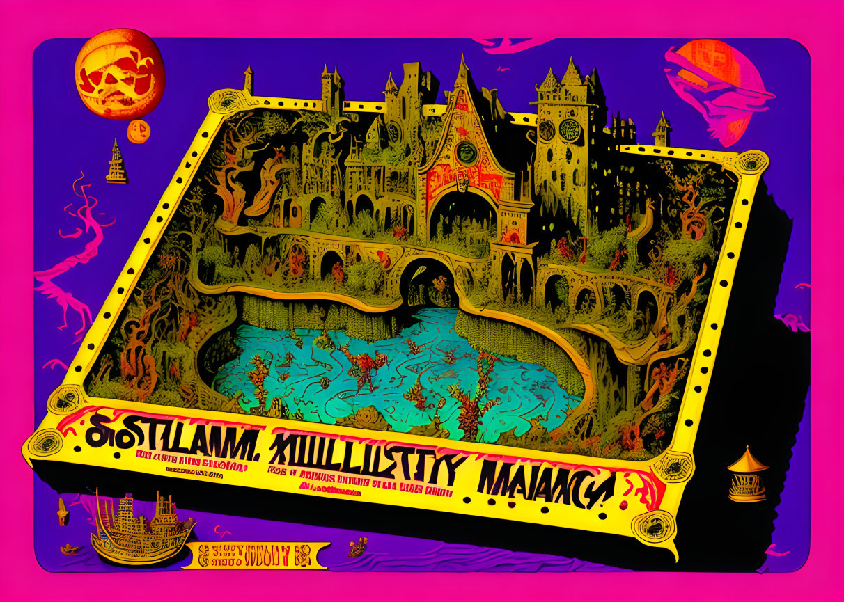 Gothic-style neon castle illustration on purple background with Halloween motifs