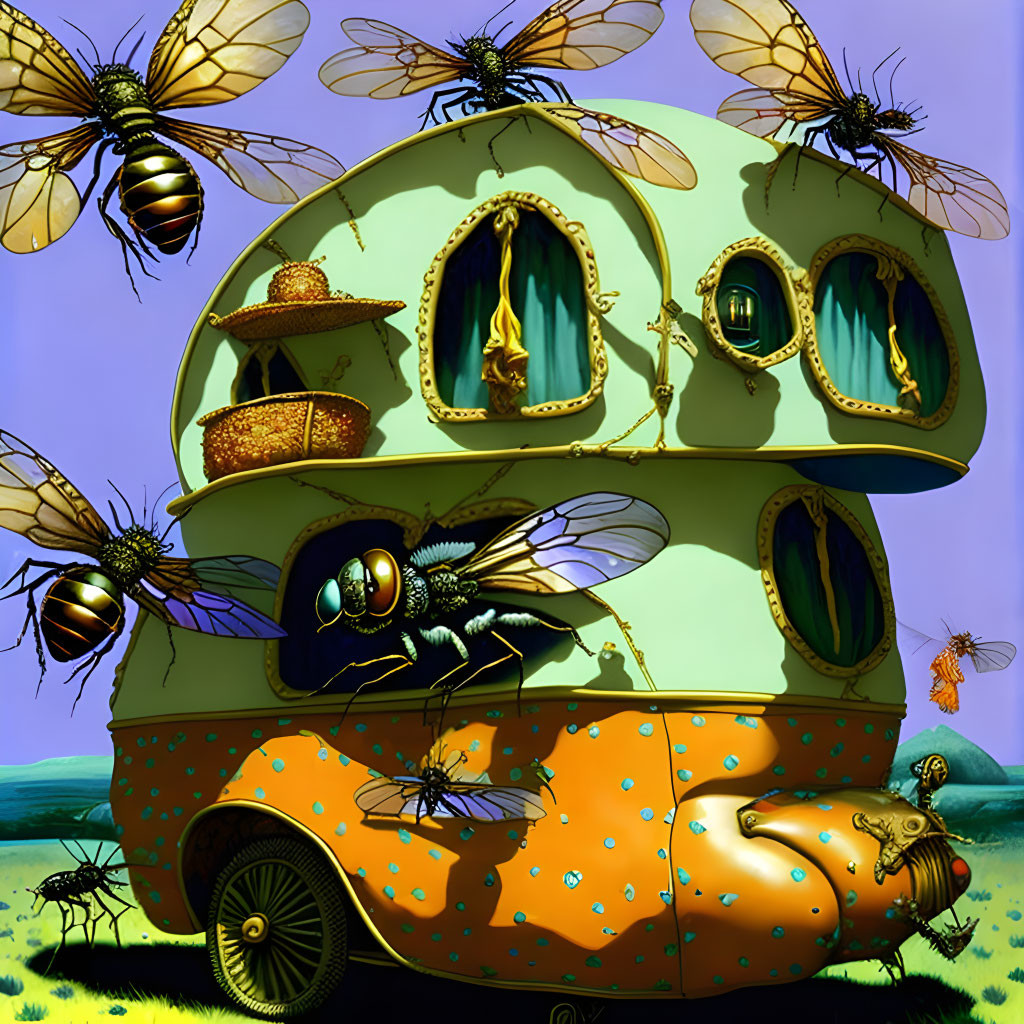 Surreal artwork: Oversized bees, whimsical double-decker bus, snail ornament in