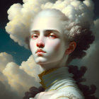 Person with Cloud-Like Hairstyle and Ruffled Collar Against Moody Sky