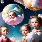 Surreal artwork: cherubic children on clouds with planet balloons in starry sky