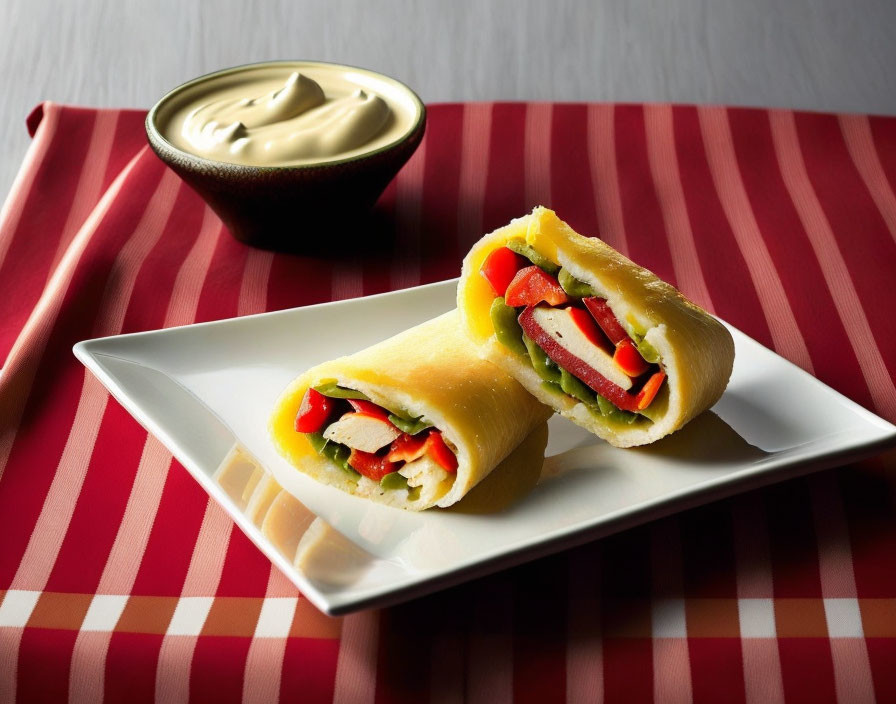 Colorful Vegetable Wrap Sandwiches on White Plate with Mustard Sauce and Red Checkered Napkin