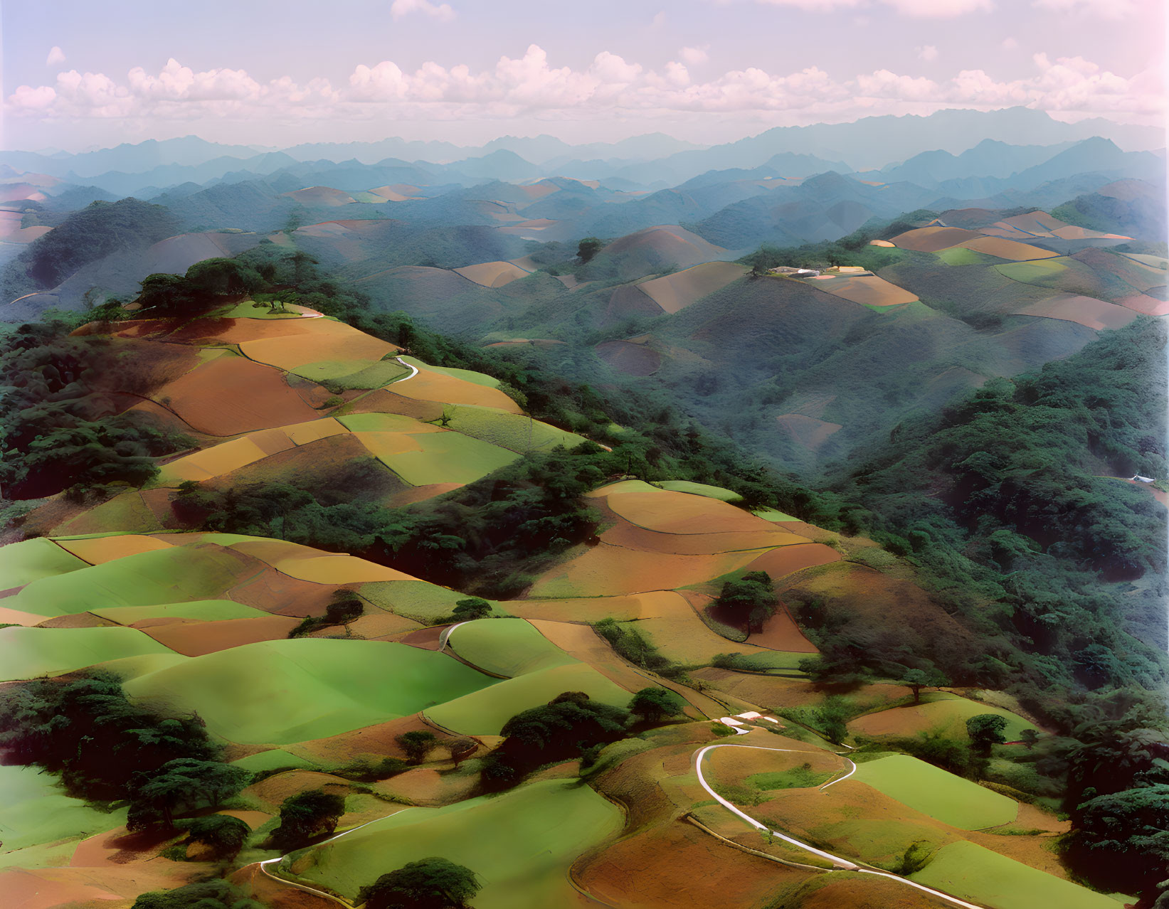 Patchwork fields and winding road in green and yellow hills under hazy sky