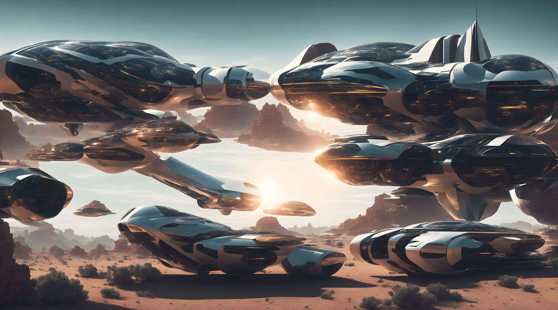 Sleek futuristic vehicles hover over desert landscape