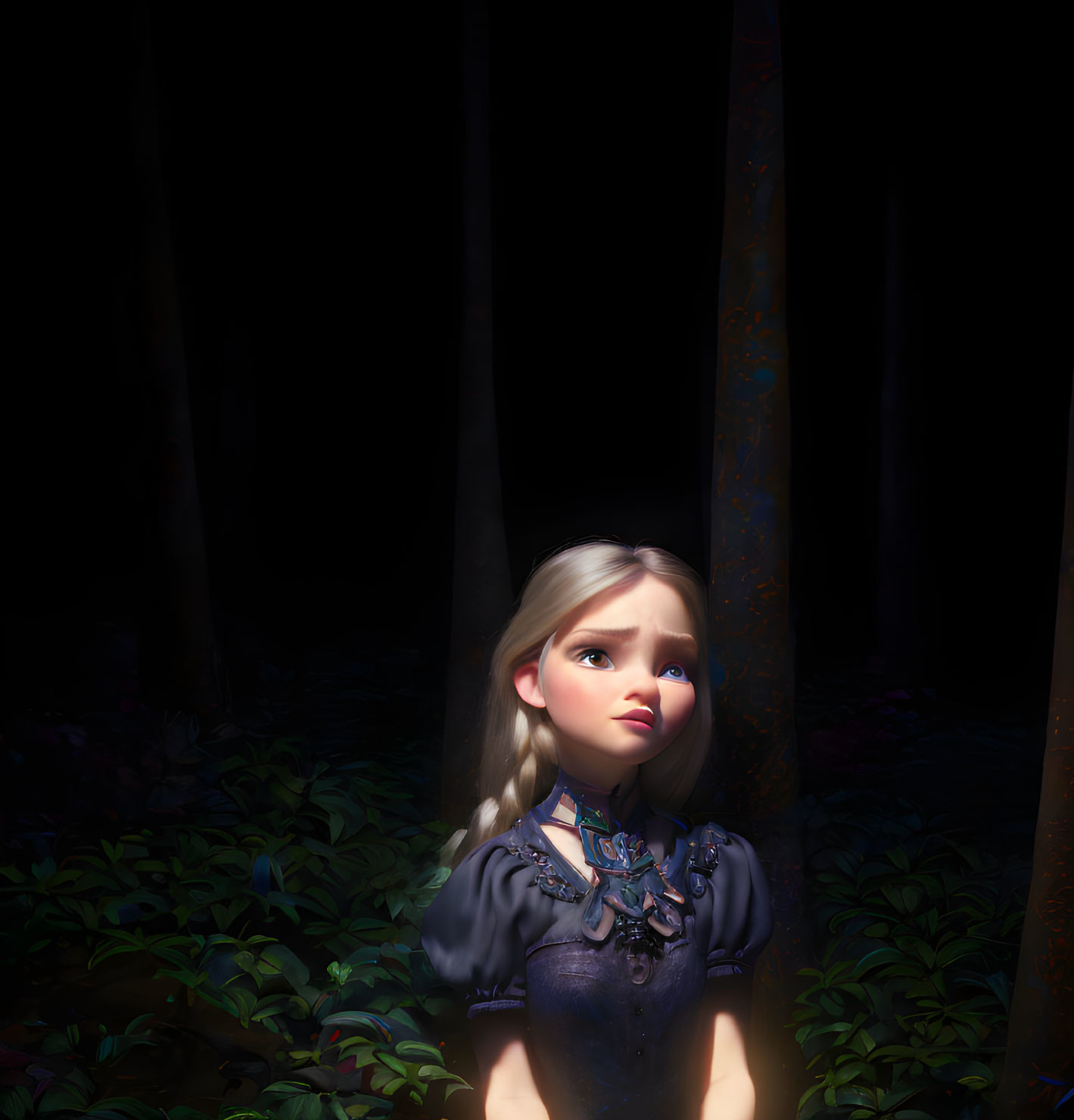 Animated young girl with braided hair in dense forest.