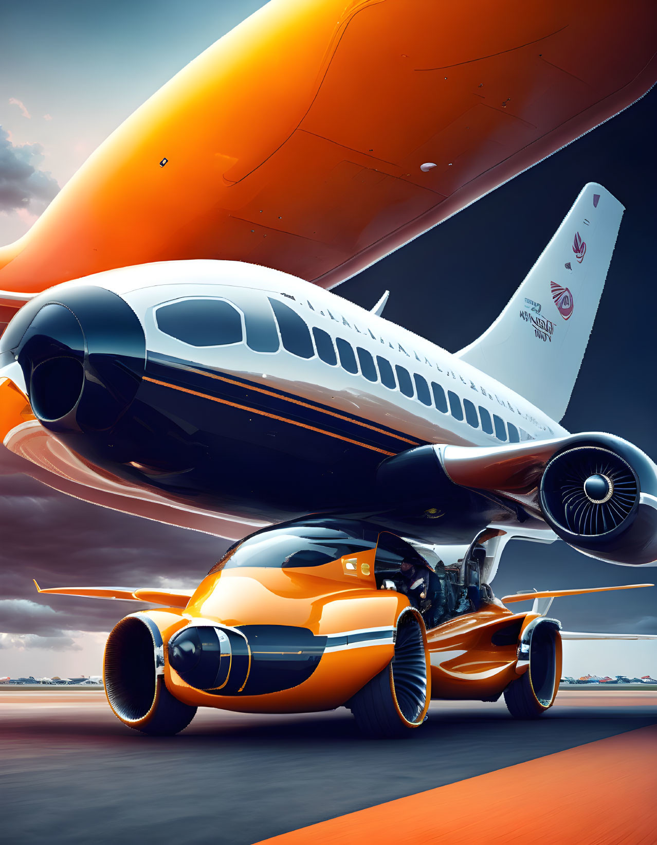 Vibrant Orange and White Airplane on Tarmac at Sunset