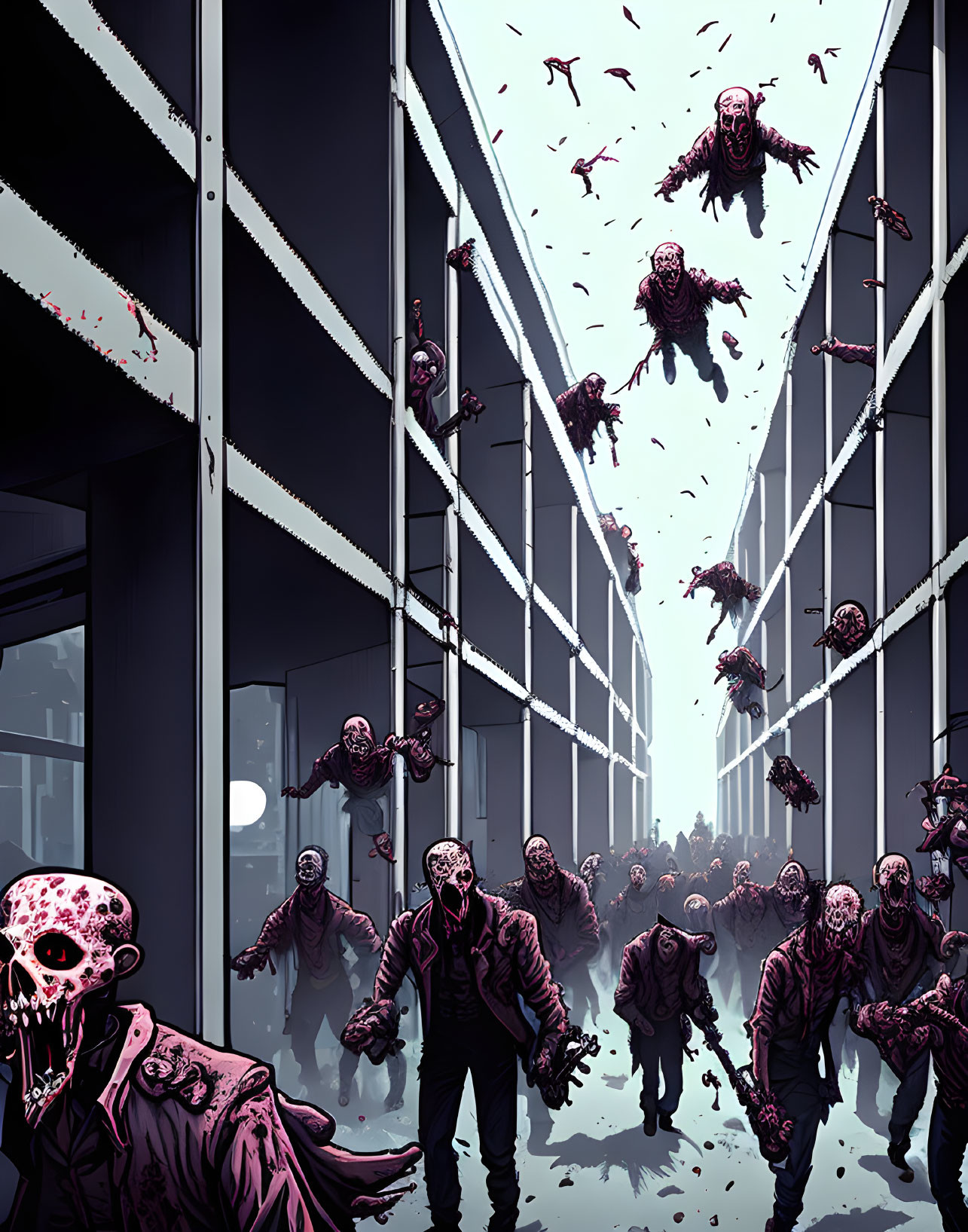 Zombie Apocalypse Illustration: Undead Figures in Cityscape