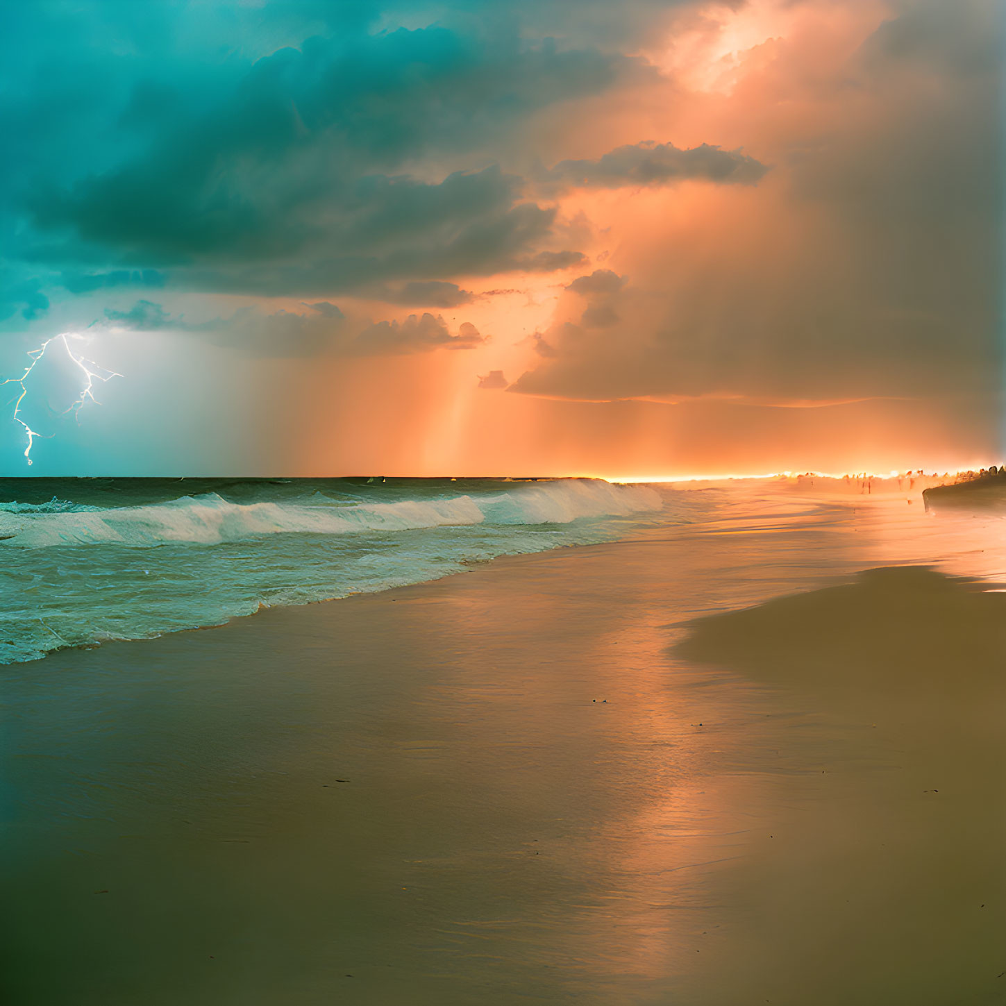 Stormy Beach Scene with Lightning Strike and Glowing Sunset