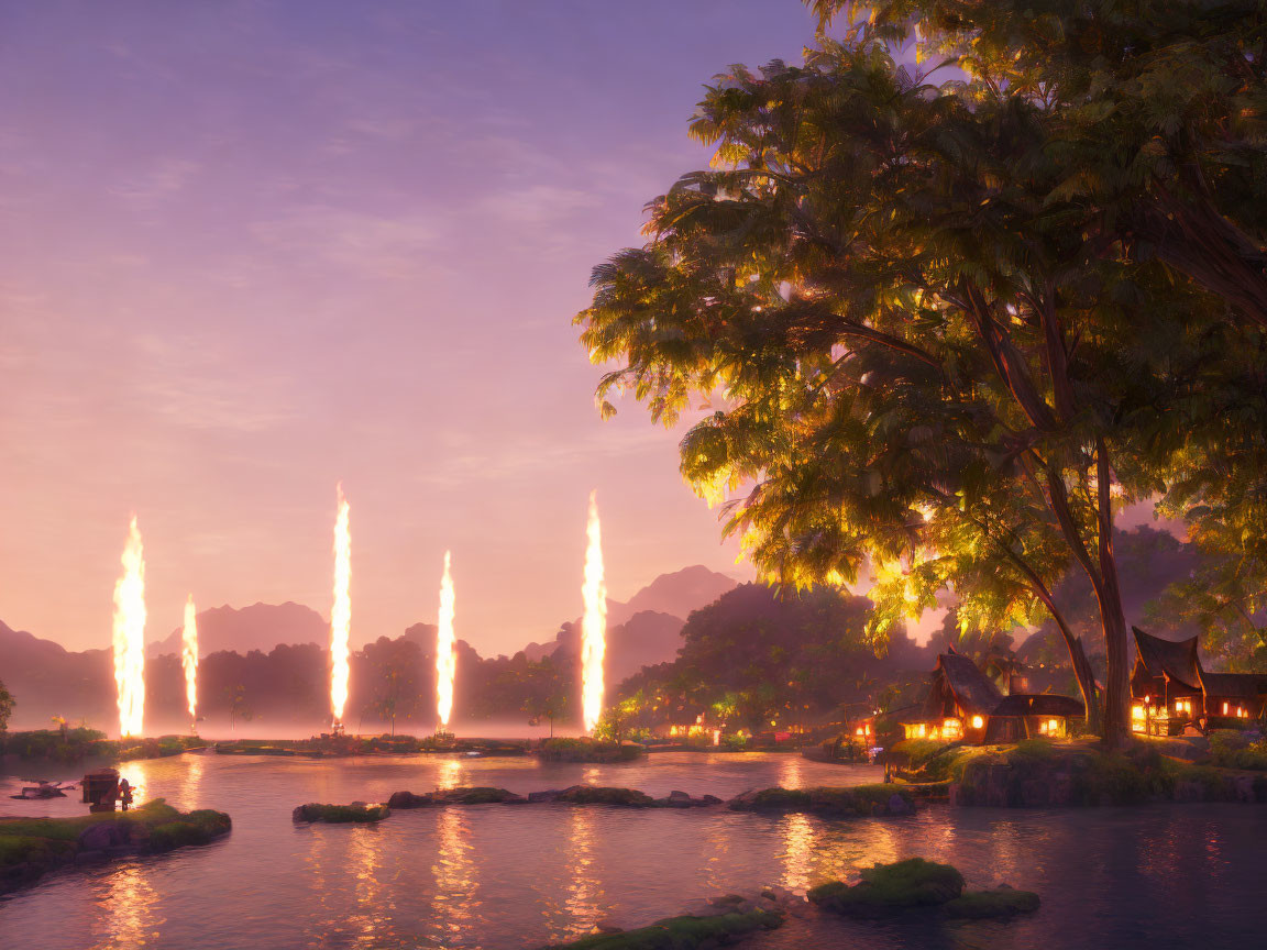 Tranquil sunset scene with pink sky over serene lake, fountains, trees, and houses