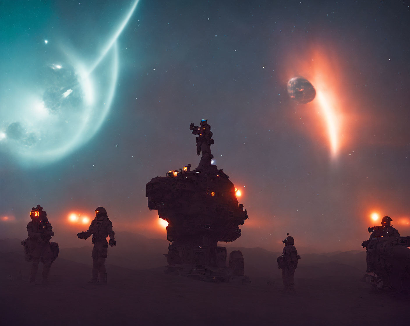 Astronauts and mechs on dusty alien planet with multiple moons and meteor