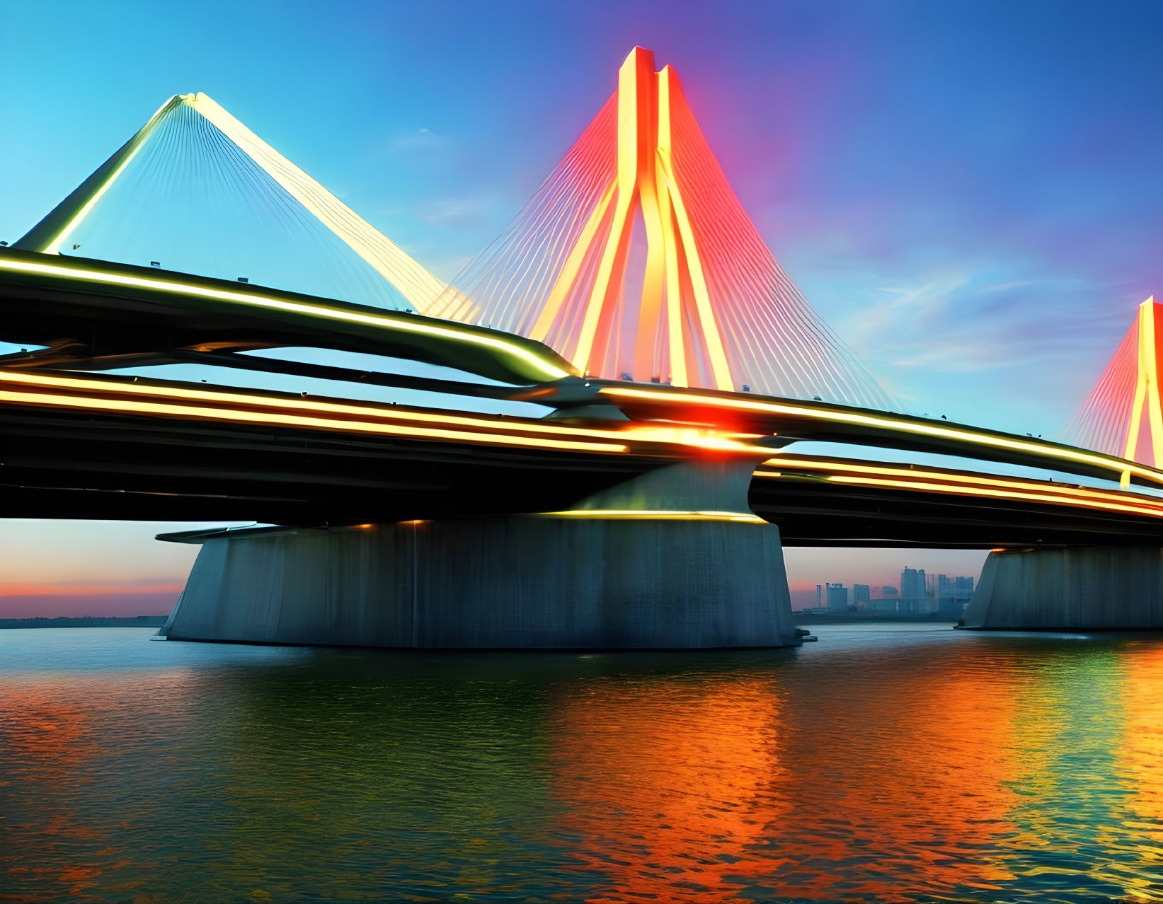 Illuminated suspension bridge over water at dusk with city skyline and light trails.