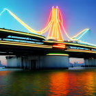 Illuminated suspension bridge over water at dusk with city skyline and light trails.